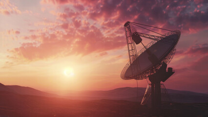 Majestic satellite dish facing sunset, a symbol of global communication and exploration.