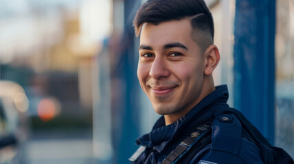 Smiling police officer in uniform, embodying a friendly face of law enforcement in the neighborhood. - obrazy, fototapety, plakaty