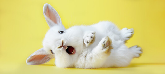 A funny surprised white Easter bunny lies on his back, raises his paws up on a yellow background...