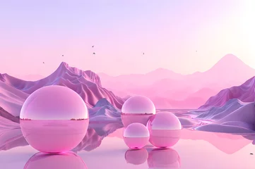 Zelfklevend Fotobehang 3D glow modern pink sphere with water landscape wallpaper © Ivanda