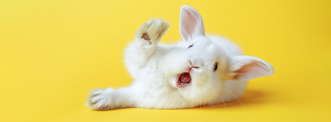 A funny surprised white Easter bunny lies on his back, raises his paws up on a yellow background...