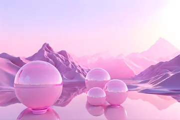 Schilderijen op glas 3D glow modern pink sphere with water landscape wallpaper © Ivanda