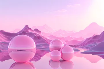 Deurstickers 3D glow modern pink sphere with water landscape wallpaper © Ivanda