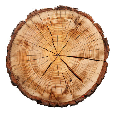 Cross-section of a tree trunk showing annual growth rings on transparent background - stock png.