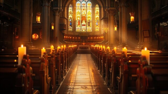 A candle-lit chapel with stained glass windows depicting scenes from religious texts, wooden pews worn smooth by centuries of use.