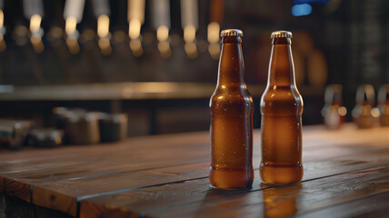 Togetherness in taste - Two chilled beer bottles on a wooden bar await a friendly toast.