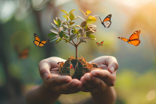 Hands cradling a tree with butterflies - concept of ecology