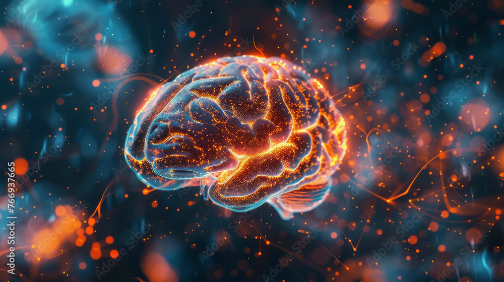 Aufkleber digital representation of a human brain with neural network activity. the brain is glowing with oran