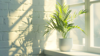 Plant basks in a sunlit room, casting gentle shadows on a white wall.