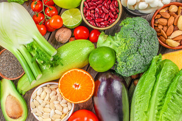Healthy food clean eating fruit, vegetable, seeds, superfood, cereals, leaf vegetable