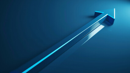 Blue arrow ascends boldly against a sleek, dark gradient background. - obrazy, fototapety, plakaty