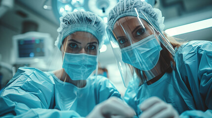 The surgeon and assistant coordinated work during the patient's surgery, surgical procedure, sterile environment, surgical team - obrazy, fototapety, plakaty