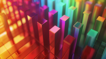 Colorful 3D bars graph casting vibrant shadows, symbolizing data analysis and diversity.