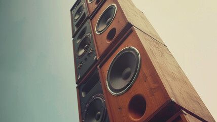 Tower of sound - A majestic stack of vintage speakers against a clear sky, a monument to music.
