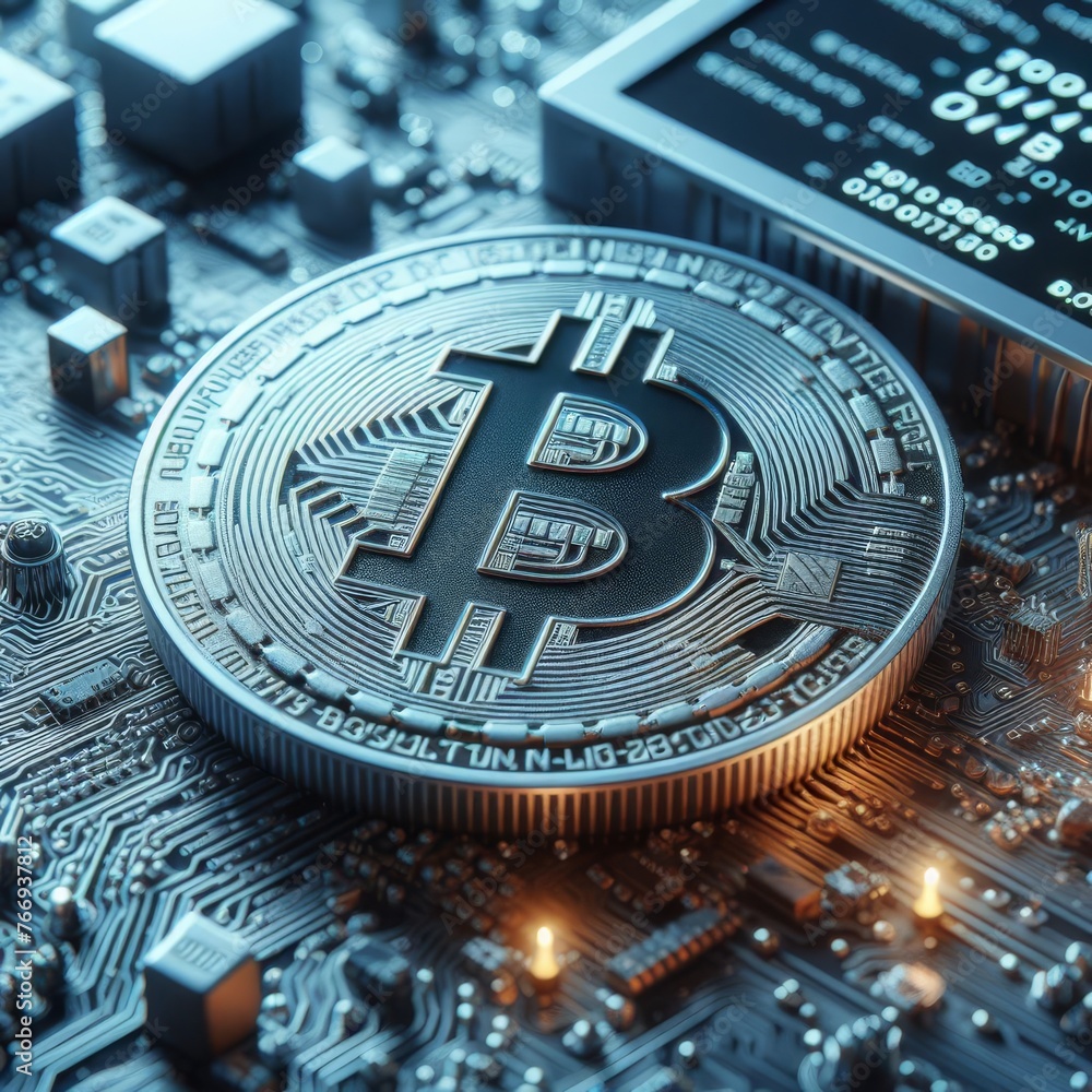 Poster extreme close-up of a bitcoin on a circuit board highlights the detail in its design. it emphasizes 