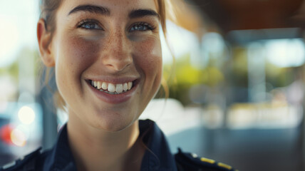 Smiling police officer portrait radiating confidence and friendliness on duty.