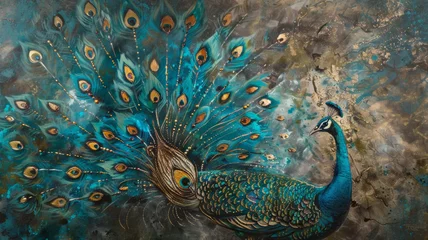 Foto op Plexiglas Majestic peacock unveils its vibrant plumage amidst an ethereal, textured backdrop. © VK Studio