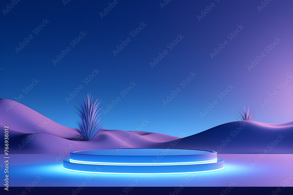Poster 3d illustration of a neon podium on a desert background. 3d rendering. minimalist geometric backgrou