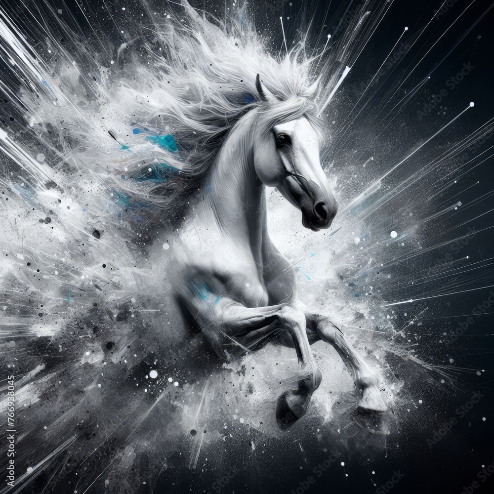 Poster an artistic representation captures a white stallion in dynamic motion, surrounded by a whirlwind of