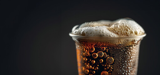 A glass of soda with bubbles on top. The bubbles are small and scattered throughout the glass. The soda is brown in color. a plastic cup filled with fernet with coke and foam