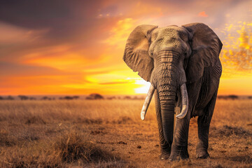 Fototapeta na wymiar A portrait of an elephant against the backdrop of a breathtaking African sunset