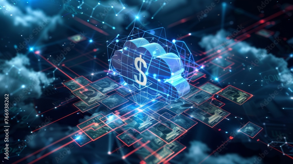 Aufkleber a futuristic 3d animation visualizing cloud computing technology merging with banking architecture, 