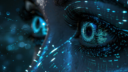 a pair of robotic eyes, reflecting a complex code - obrazy, fototapety, plakaty