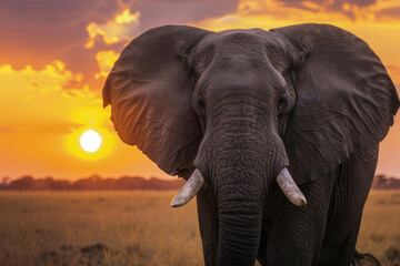 Fototapeta na wymiar A portrait of an elephant against the backdrop of a breathtaking African sunset