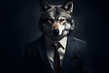 Portrait of a businessman with a wolf head in a black stylish suit,  generated by AI. 3D illustration