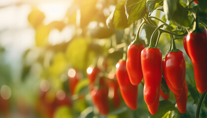 A bunch of red peppers hanging from a plant - Powered by Adobe