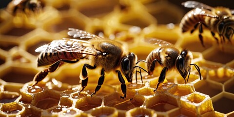 Busy Bees on Honeycomb. A close-up view of a honeycomb teeming with bees. Some bees are crawling on the surface of the honeycomb, while others are filling the hexagonal cells with honey.