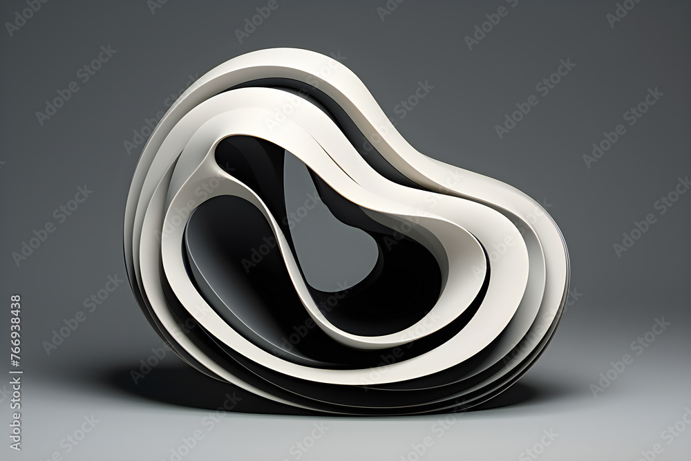 Poster abstract white and gray shape against black background, 3d illustration. smooth shape 3d rendering ,