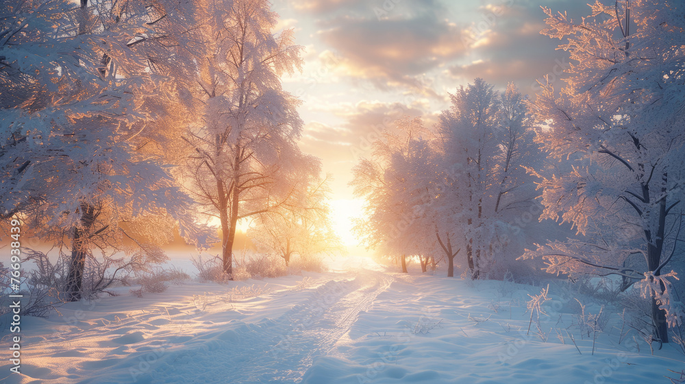 Poster a tranquil winter landscape with a path through snow-covered trees, illuminated by the warm glow of 