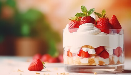 A glass dessert with strawberries and whipped cream