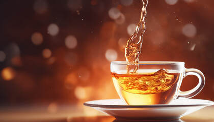 A cup of tea is poured into a glass cup - obrazy, fototapety, plakaty