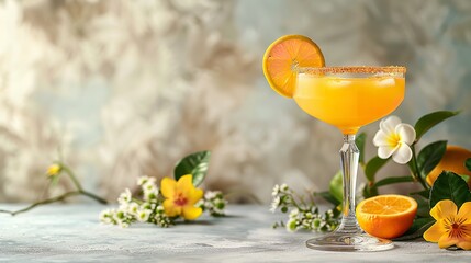 Orange drink with lovely blooms and a pennant lemons over a striking grey marble backdrop depiction and space, Generative AI. - obrazy, fototapety, plakaty