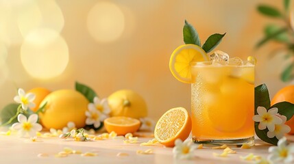 Orange drink with lovely blooms and a pennant lemons over a striking grey marble backdrop depiction and space, Generative AI. - obrazy, fototapety, plakaty