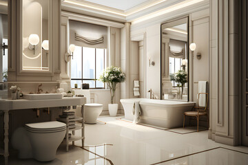 Fototapeta na wymiar Modern minimalist bathroom interior, white sink, wooden vanity, interior plants, bathroom accessories, generated by AI. 3D illustration
