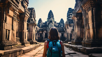 Photo real for Backpacker at the ruins of Angkor Wat in Backpack traveling theme ,Full depth of field, clean bright tone, high quality ,include copy space, No noise, creative idea
