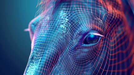 A 3D animation of a horse's face rendered in a dynamic grid style. The polygonal lines form the noble contours of the animal, highlighted by a gradient of warm colors against a dark background - obrazy, fototapety, plakaty