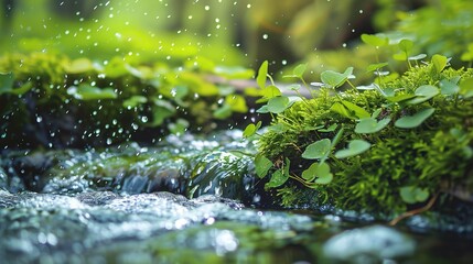 Beautiful Spring Detailed Close Up Stream of Fresh Water with Young Green Plants. Banner, Springtime, Outdoor, Wild, Nature, Background, Plant, Flow, Flowing, Scenery, Ecology
