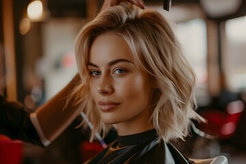 Fototapeta premium Luxurious and Stylish Salon Experience: Blonde Woman Getting a Haircut. Concept Salon Visit, Haircut, Blonde Woman, Luxurious Experience, Stylish Update