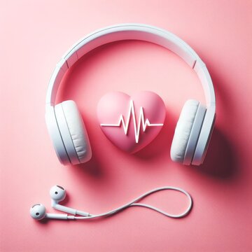 White headphones rest on a pink backdrop, framing a heart that beats with a musical rhythm. This image fuses the serenity of music with the vitality of a healthy heart. AI generation