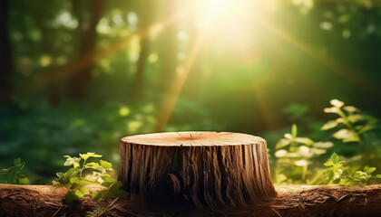A tree stump sits in the middle of a forest, with sunlight shining on it