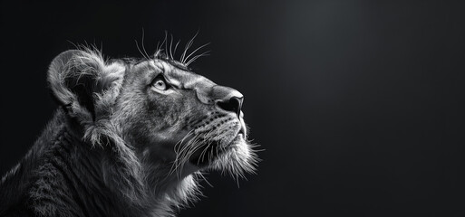 Black and white portrait of a young lion looking up at the light, on a dark background with copy...