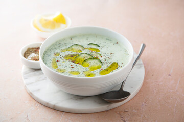 Homemade cold yogurt soup with cucumber