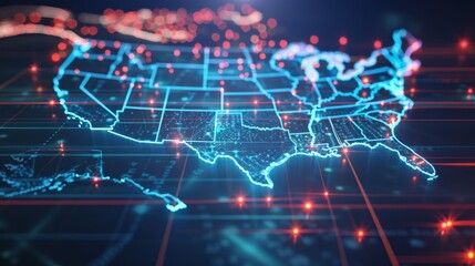 A sophisticated 3D animation of a digital map of the USA, displaying interconnected data lines and glowing nodes across the country. It symbolizes the connectivity and technological advancement - obrazy, fototapety, plakaty