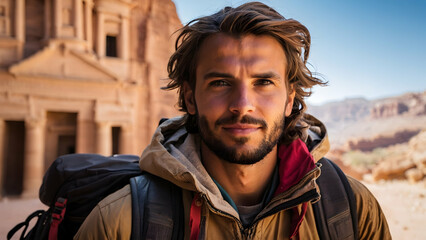 Obraz premium Photo real for Backpacker exploring the ancient city of Petra, Jordan in Backpack traveling theme ,Full depth of field, clean bright tone, high quality ,include copy space, No noise, creative idea