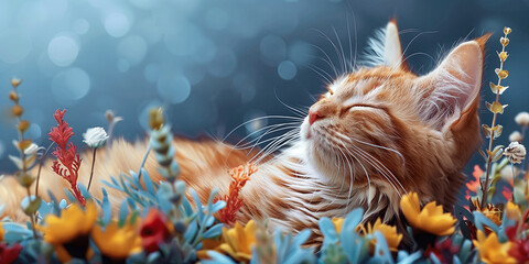 A cute red tabby kitten lies in the grass in a clearing among flowers with his eyes closed and...