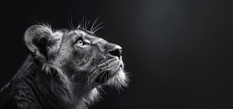 Black and white portrait of a young lion looking up at the light, on a dark background with copy space. Head of a beautiful lion on a black background. Picture, banner. Wildlife protection